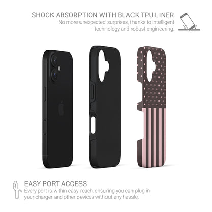 Strawberry Wafer Tough Phone Case featuring fine strawberry-pink polka dots above bold vertical strawberry-pink stripes on a cocoa-brown background.