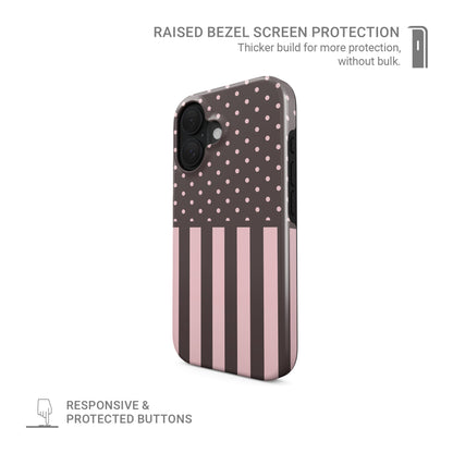 Strawberry Wafer Tough Phone Case featuring fine strawberry-pink polka dots above bold vertical strawberry-pink stripes on a cocoa-brown background.