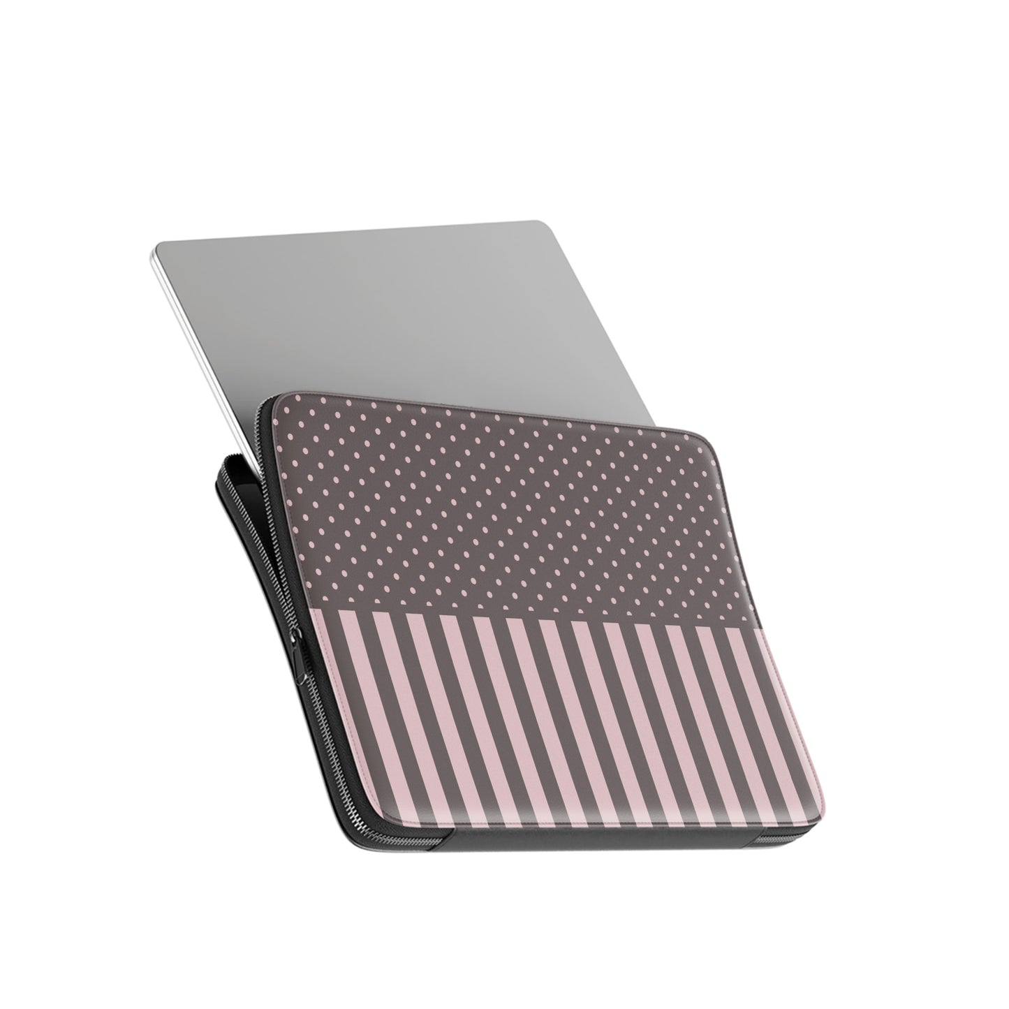 Strawberry Wafer Laptop Sleeve featuring fine strawberry-pink polka dots above bold vertical strawberry-pink stripes on a cocoa-brown background.
