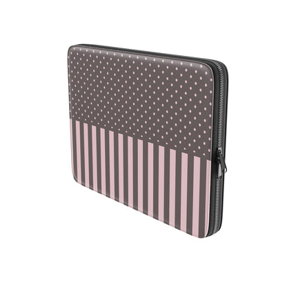 Strawberry Wafer Laptop Sleeve featuring fine strawberry-pink polka dots above bold vertical strawberry-pink stripes on a cocoa-brown background.