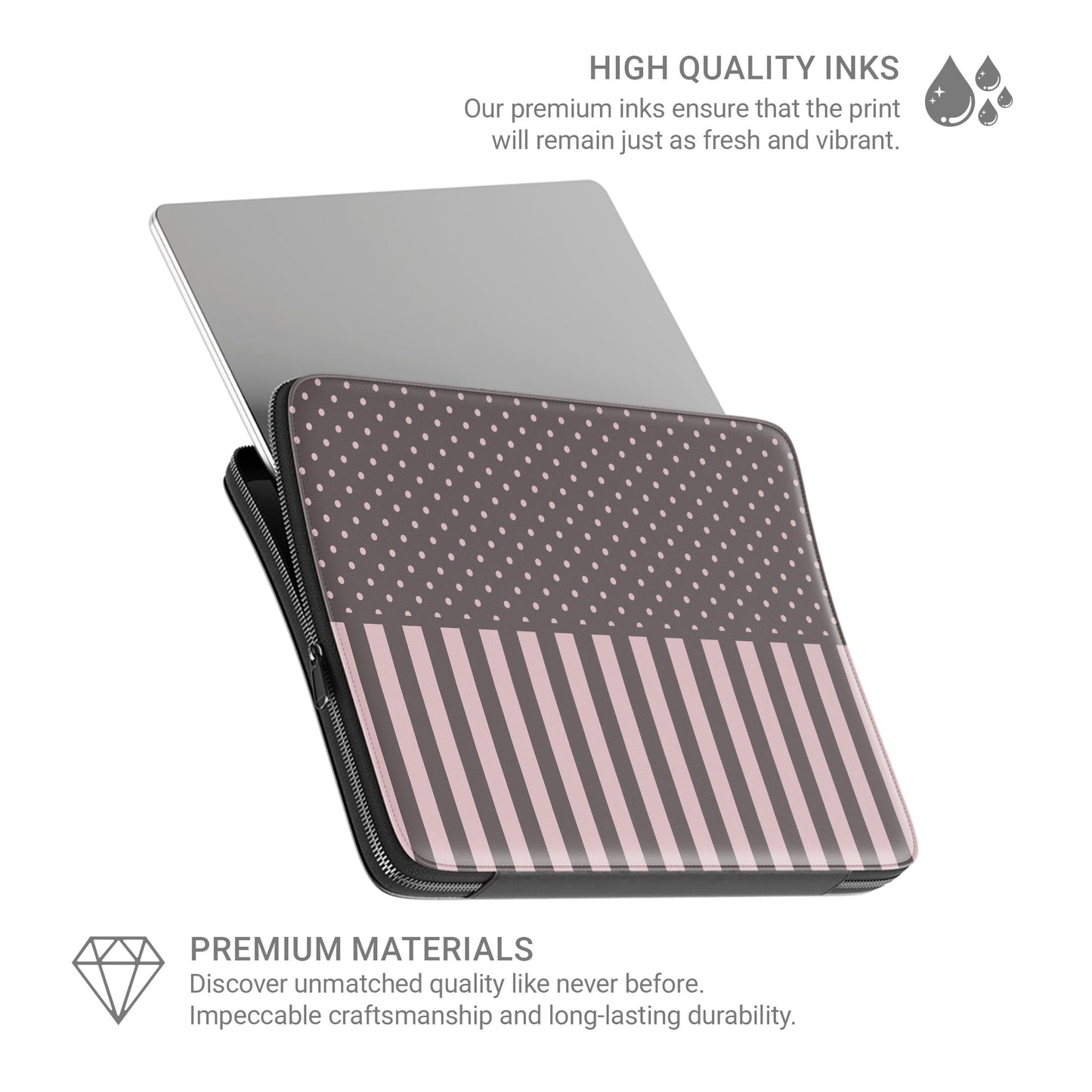Strawberry Wafer Laptop Sleeve featuring fine strawberry-pink polka dots above bold vertical strawberry-pink stripes on a cocoa-brown background.