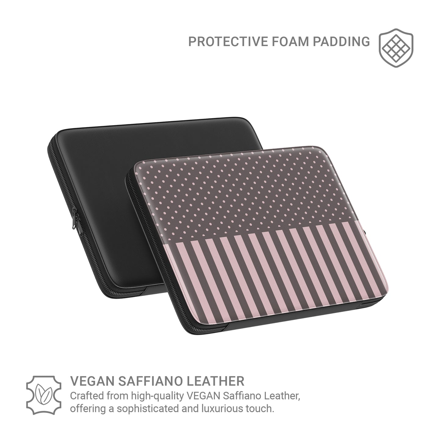 Strawberry Wafer Laptop Sleeve featuring fine strawberry-pink polka dots above bold vertical strawberry-pink stripes on a cocoa-brown background.