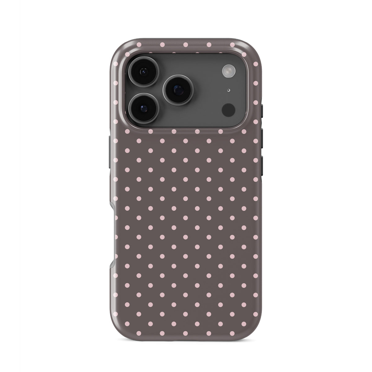 Strawberry Drops Tough Phone Case featuring small strawberry-pink polka dots on a rich cocoa-brown background.