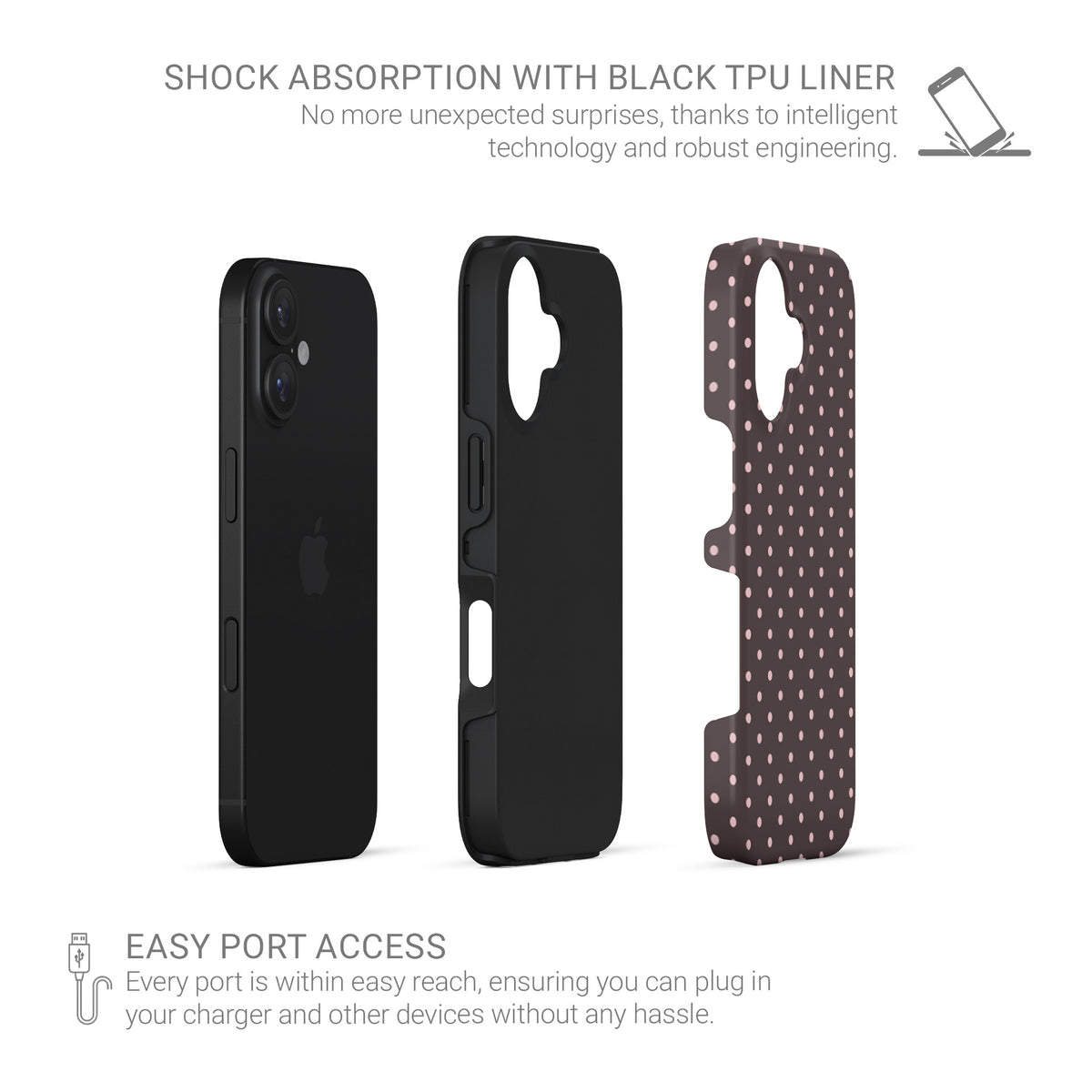Strawberry Drops Tough Phone Case featuring small strawberry-pink polka dots on a rich cocoa-brown background.