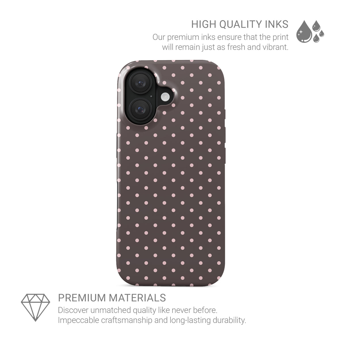 Strawberry Drops Tough Phone Case featuring small strawberry-pink polka dots on a rich cocoa-brown background.