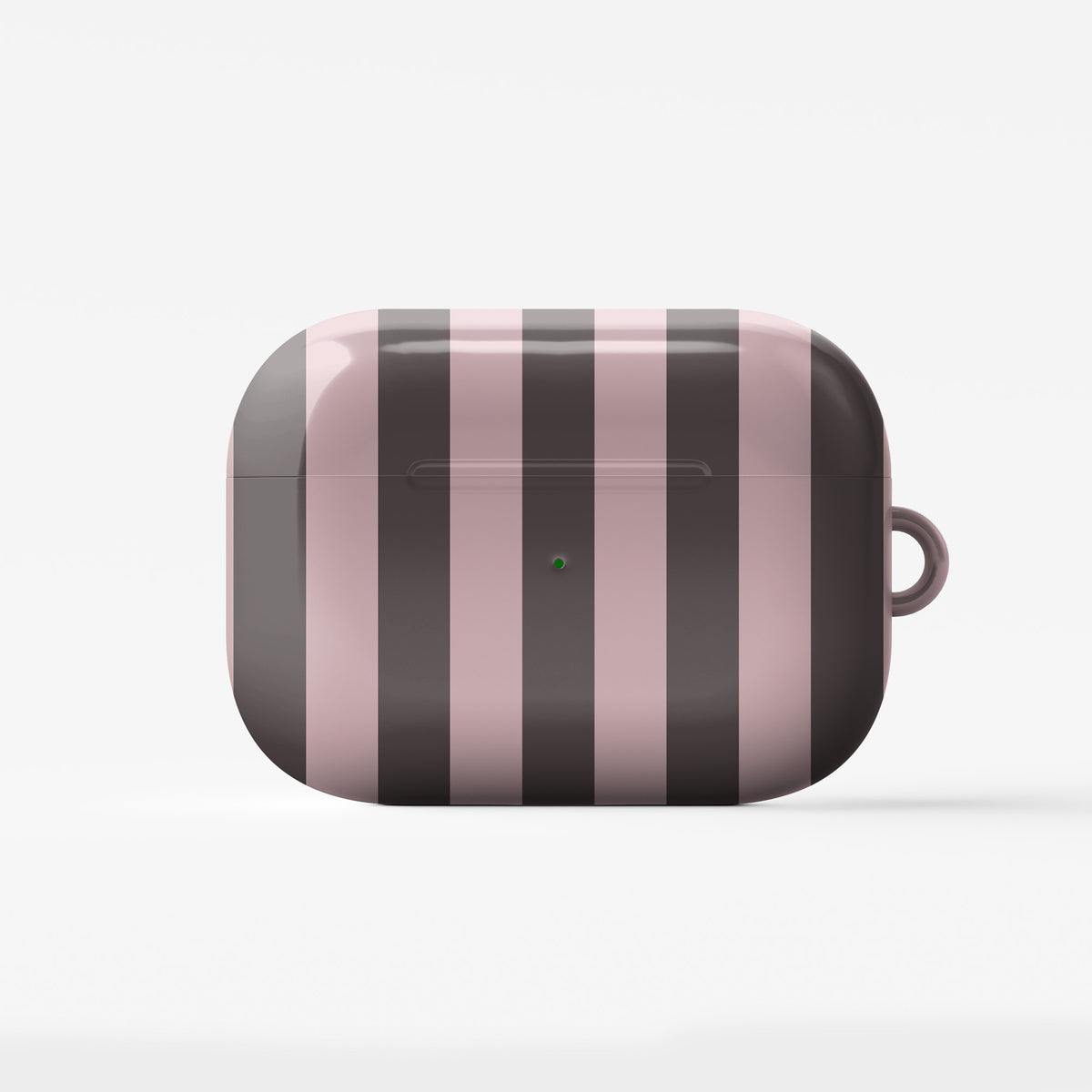 Strawberry Wafer AirPods Case featuring fine strawberry-pink polka dots above bold vertical strawberry-pink stripes on a cocoa-brown background.