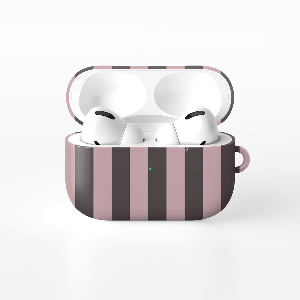 Strawberry Wafer AirPods Case featuring fine strawberry-pink polka dots above bold vertical strawberry-pink stripes on a cocoa-brown background.