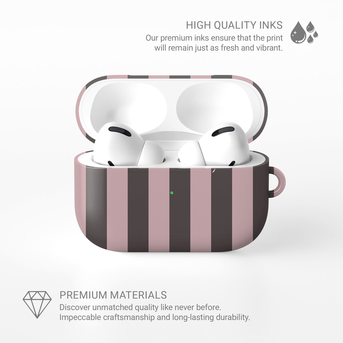 Strawberry Wafer AirPods Case featuring fine strawberry-pink polka dots above bold vertical strawberry-pink stripes on a cocoa-brown background.