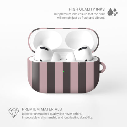 Strawberry Wafer AirPods Case featuring fine strawberry-pink polka dots above bold vertical strawberry-pink stripes on a cocoa-brown background.