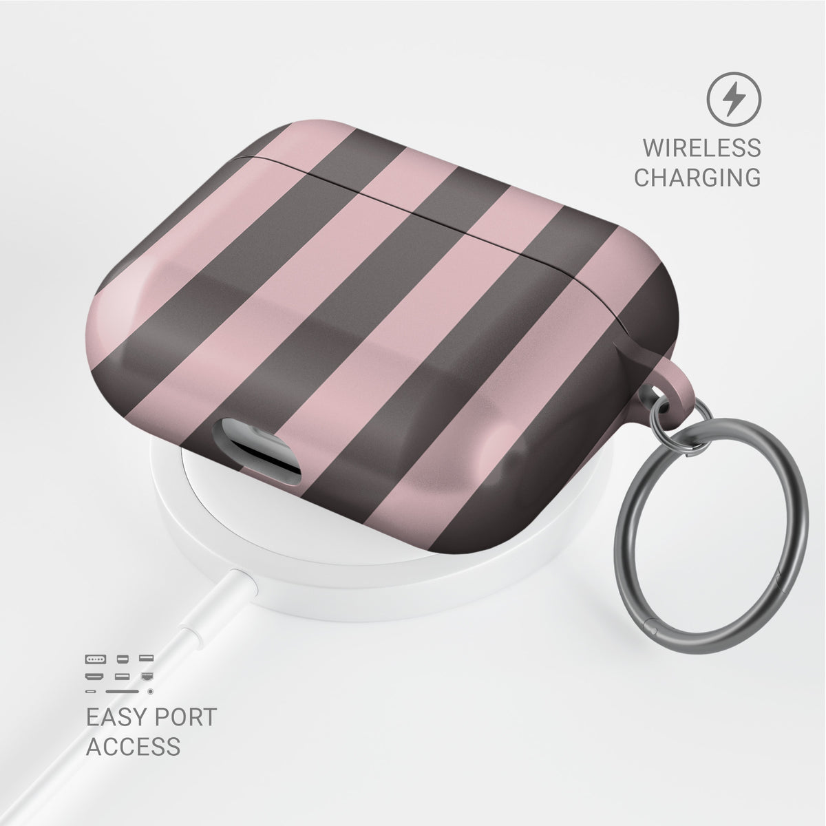 Strawberry Wafer AirPods Case featuring fine strawberry-pink polka dots above bold vertical strawberry-pink stripes on a cocoa-brown background.