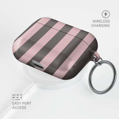 Strawberry Wafer AirPods Case featuring fine strawberry-pink polka dots above bold vertical strawberry-pink stripes on a cocoa-brown background.