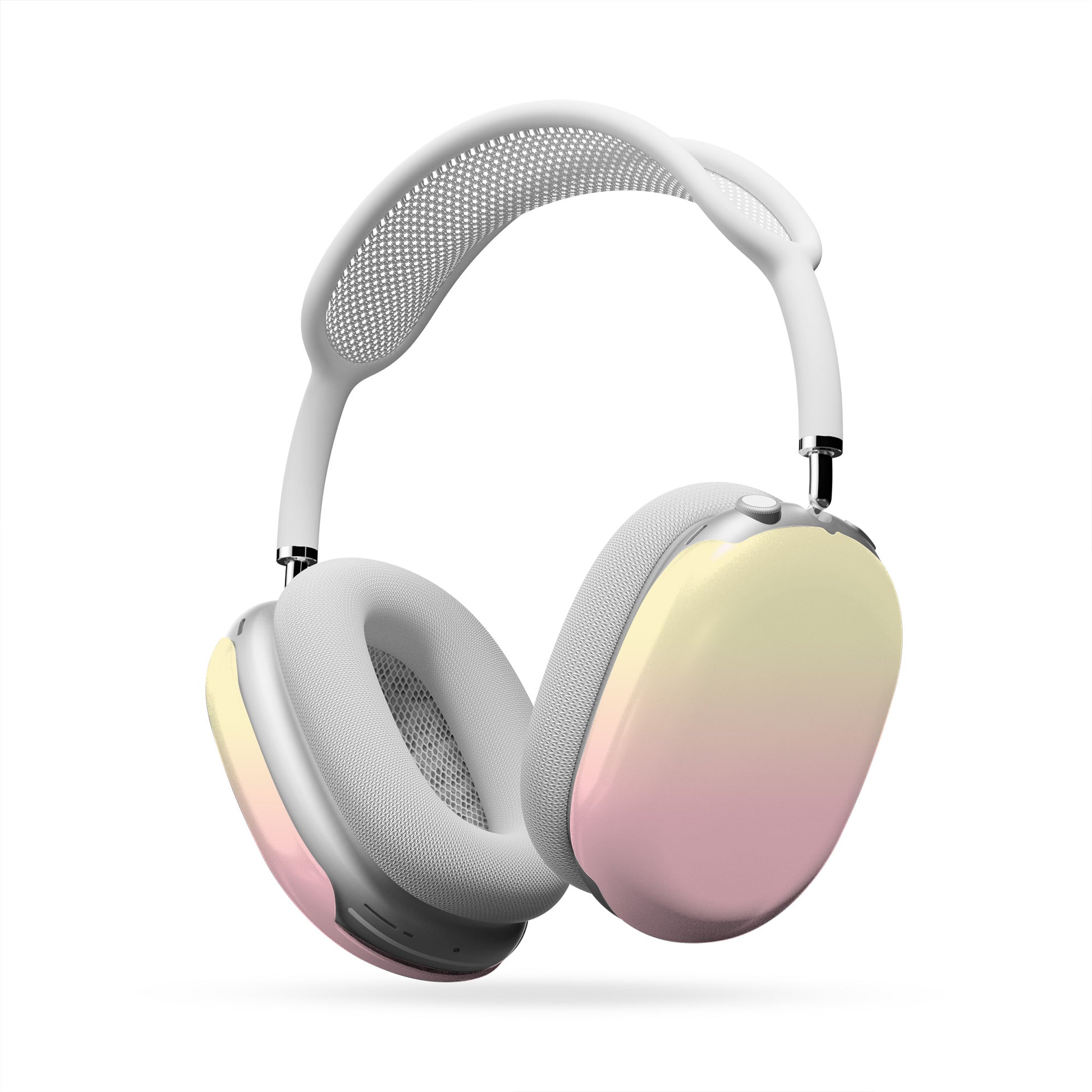 Pink and yellow AirPods Max case with soft sunset ombre print on glossy headphone ear cup covers by Case & Charm.