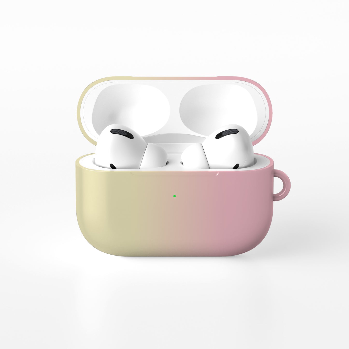 Pink and yellow AirPods case with soft sunset ombre gradient print on a glossy Apple AirPods case by Case & Charm.