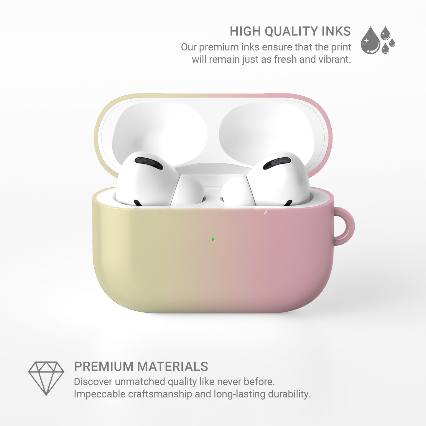 Pink and yellow AirPods case with soft sunset ombre gradient print on a glossy Apple AirPods case by Case & Charm.