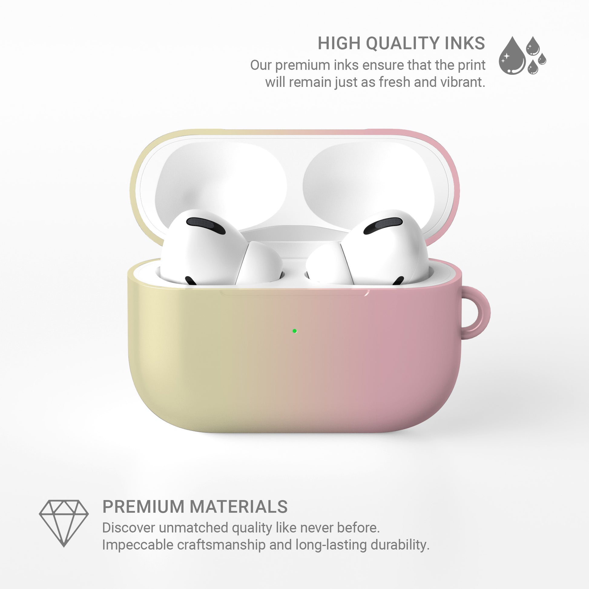 Pink and yellow AirPods case with soft sunset ombre gradient print on a glossy Apple AirPods case by Case & Charm.