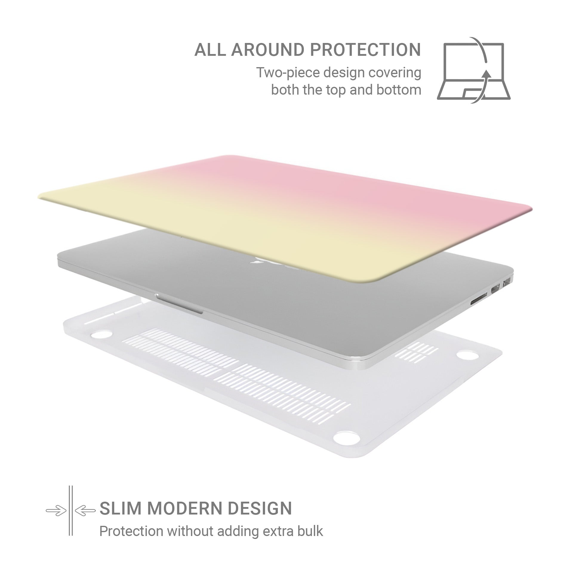 Pink and yellow MacBook case with soft sunset ombre gradient print on a slim hard shell Apple MacBook cover by Case & Charm.