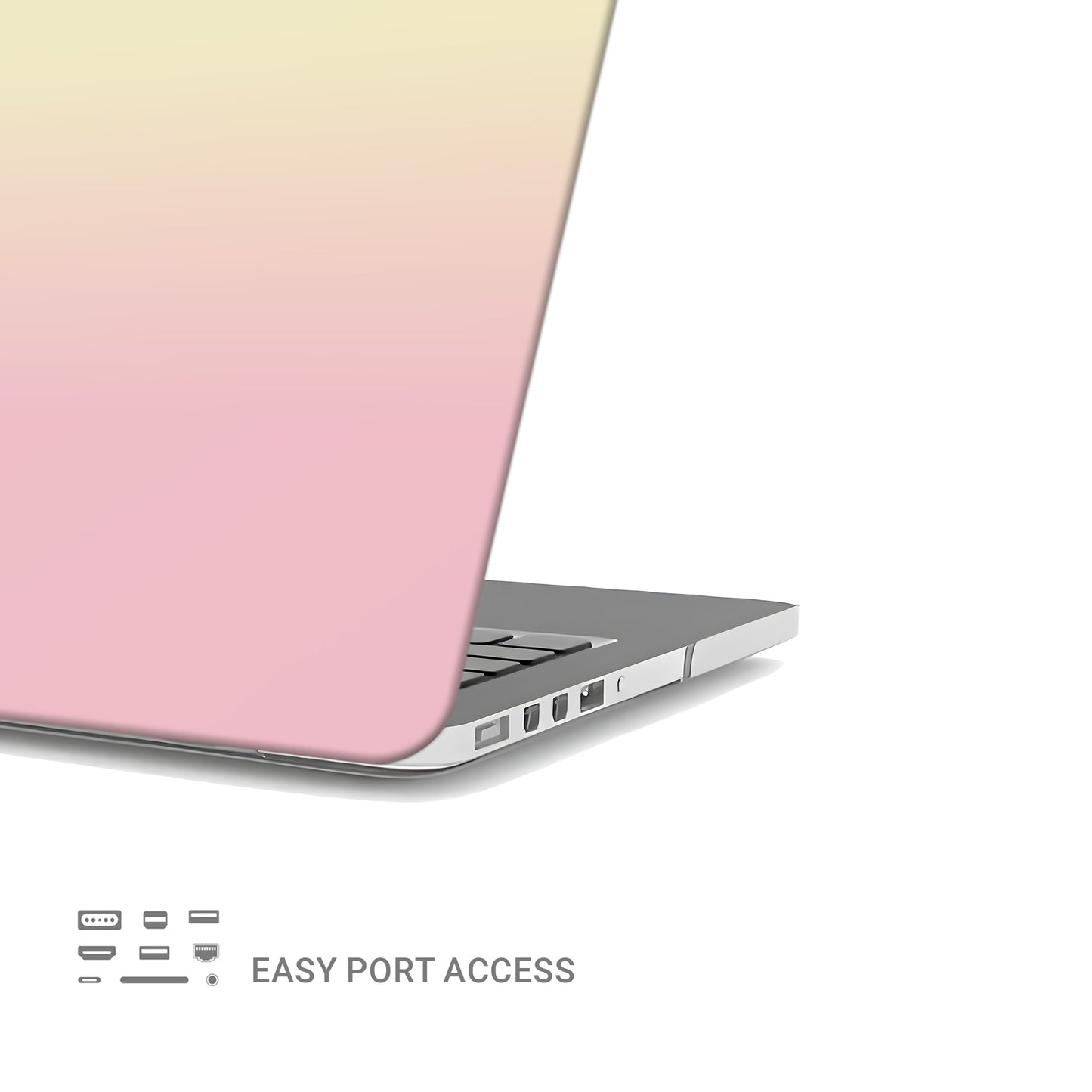Pink and yellow MacBook case with soft sunset ombre gradient print on a slim hard shell Apple MacBook cover by Case & Charm.