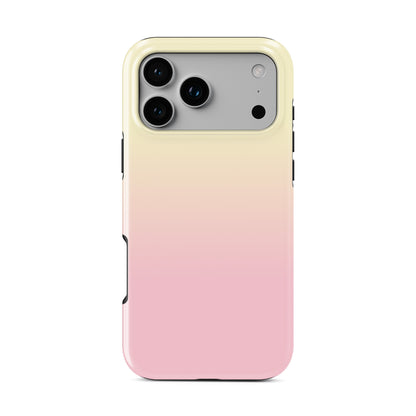 Pastel MagSafe phone case in the Sunset Sorbet design, featuring a soft pink, peach and pale yellow gradient with a dreamy sunset inspired finish.