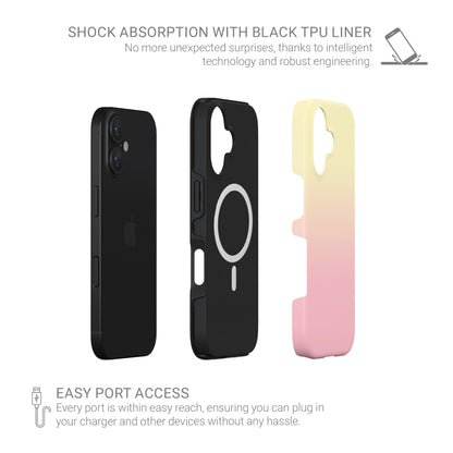 Pastel MagSafe phone case in the Sunset Sorbet design, featuring a soft pink, peach and pale yellow gradient with a dreamy sunset inspired finish.