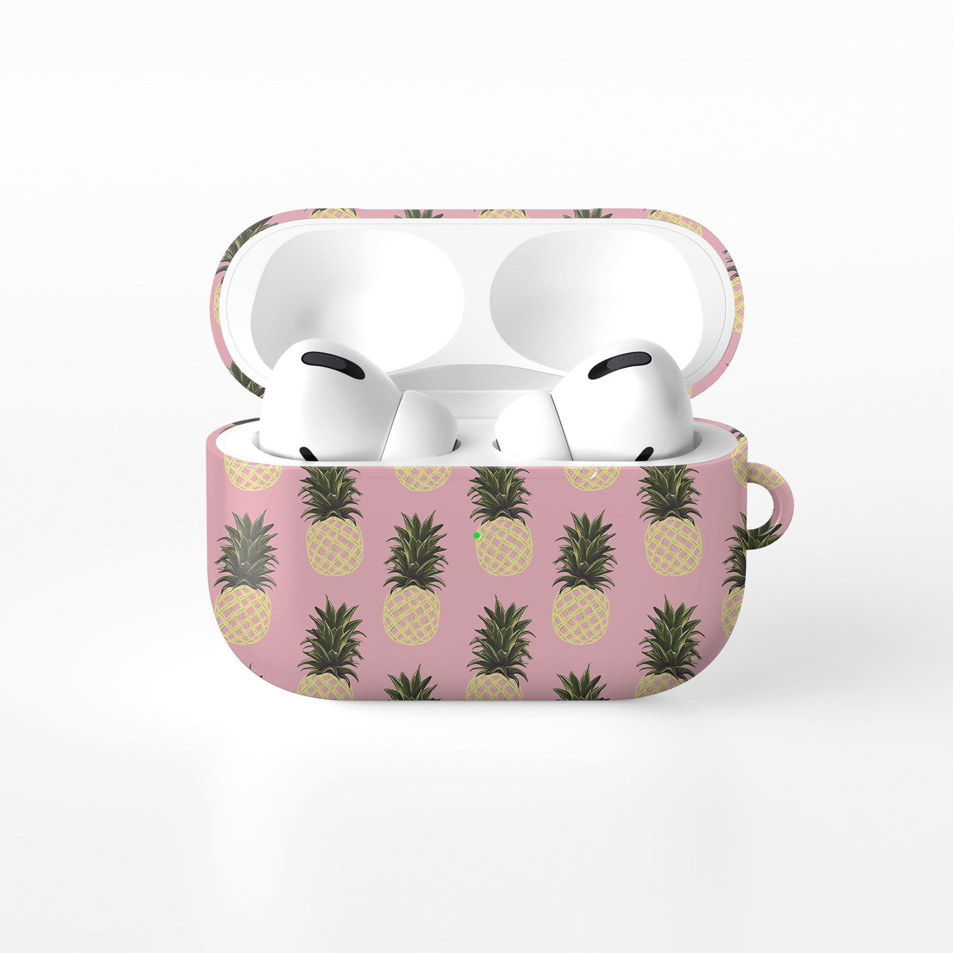 Pink pineapple AirPods case with yellow pineapple fruit print on a glossy Apple AirPods case by Case & Charm.