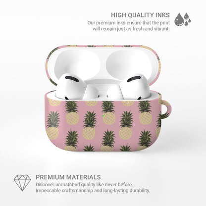 Pink pineapple AirPods case with yellow pineapple fruit print on a glossy Apple AirPods case by Case & Charm.