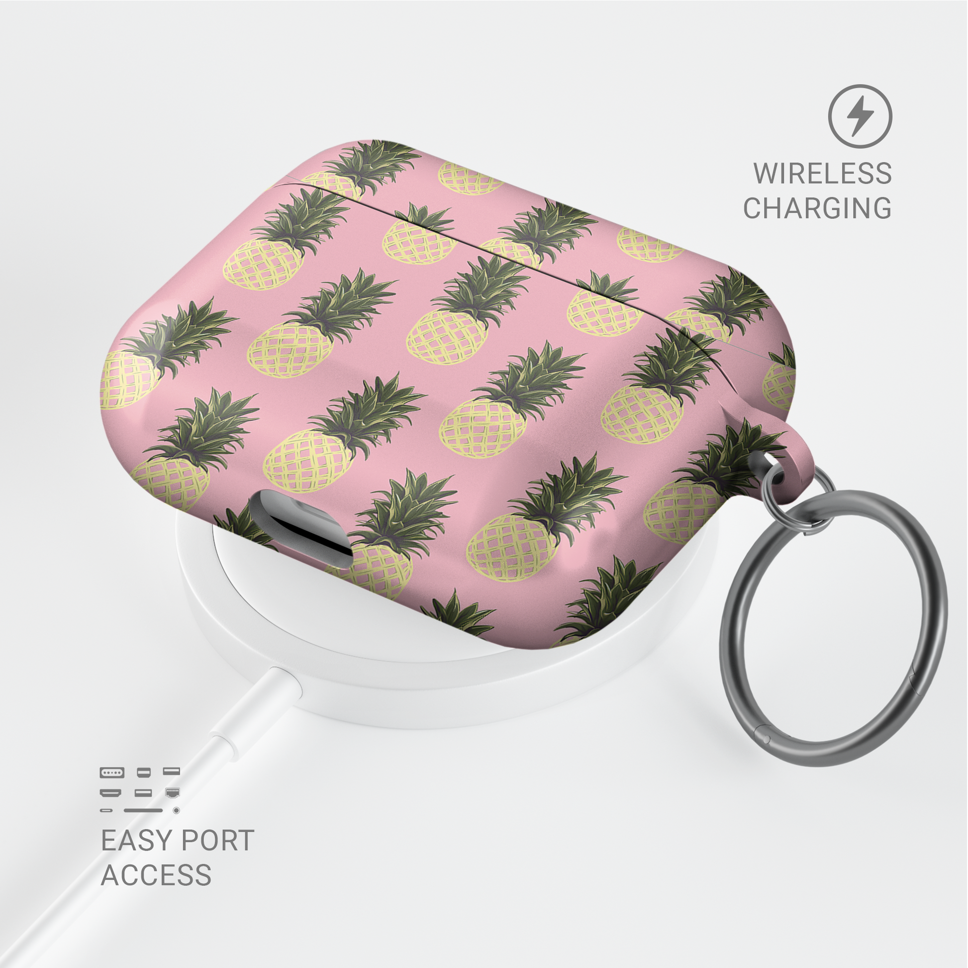 Pink pineapple AirPods case with yellow pineapple fruit print on a glossy Apple AirPods case by Case & Charm.
