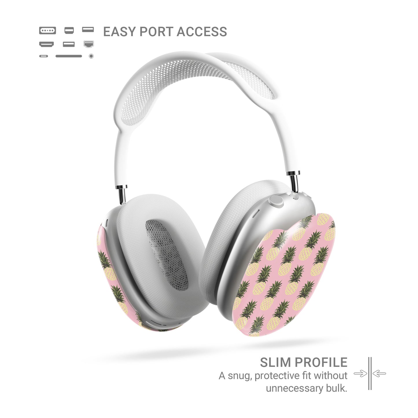 Pink pineapple AirPods Max case with yellow pineapple fruit print on glossy headphone ear cup covers by Case & Charm.