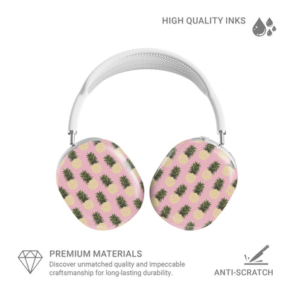 Pink pineapple AirPods Max case with yellow pineapple fruit print on glossy headphone ear cup covers by Case & Charm.