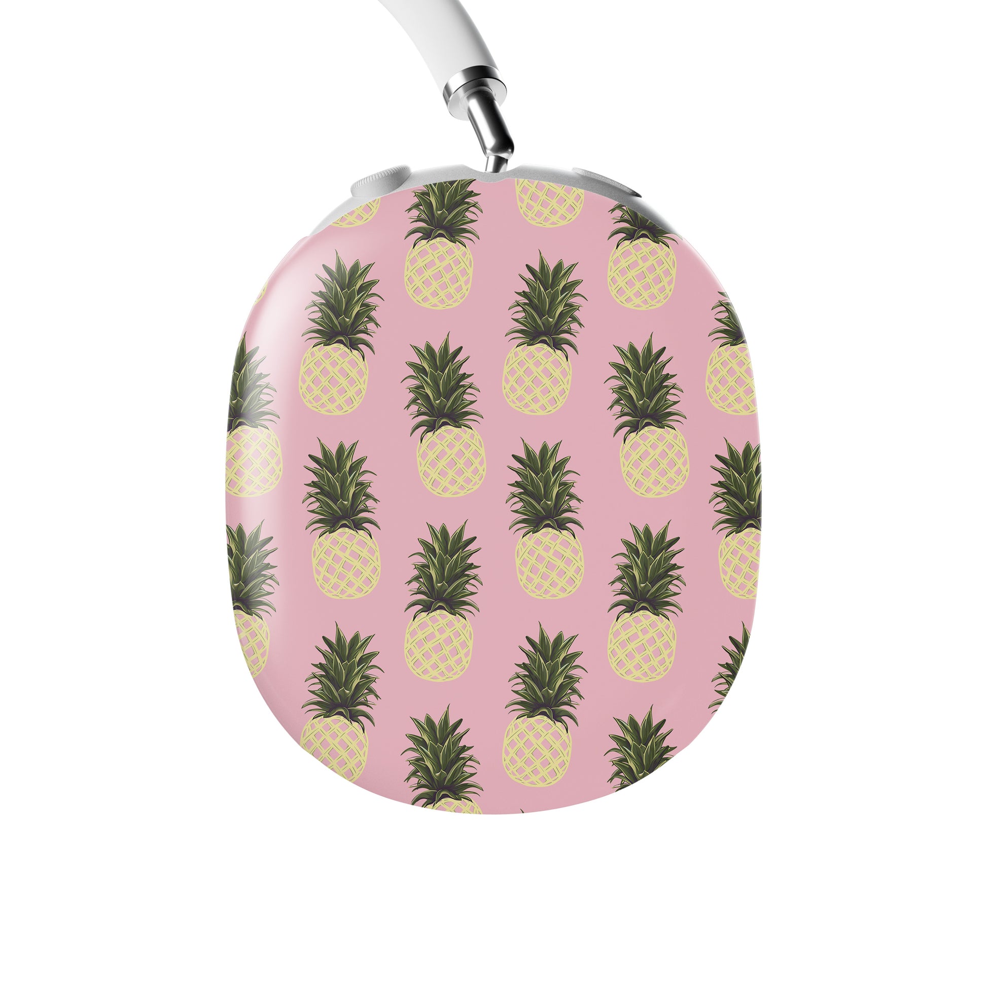 Pink pineapple AirPods Max case with yellow pineapple fruit print on glossy headphone ear cup covers by Case & Charm.