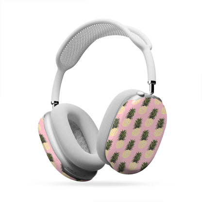 Pink pineapple AirPods Max case with yellow pineapple fruit print on glossy headphone ear cup covers by Case & Charm.