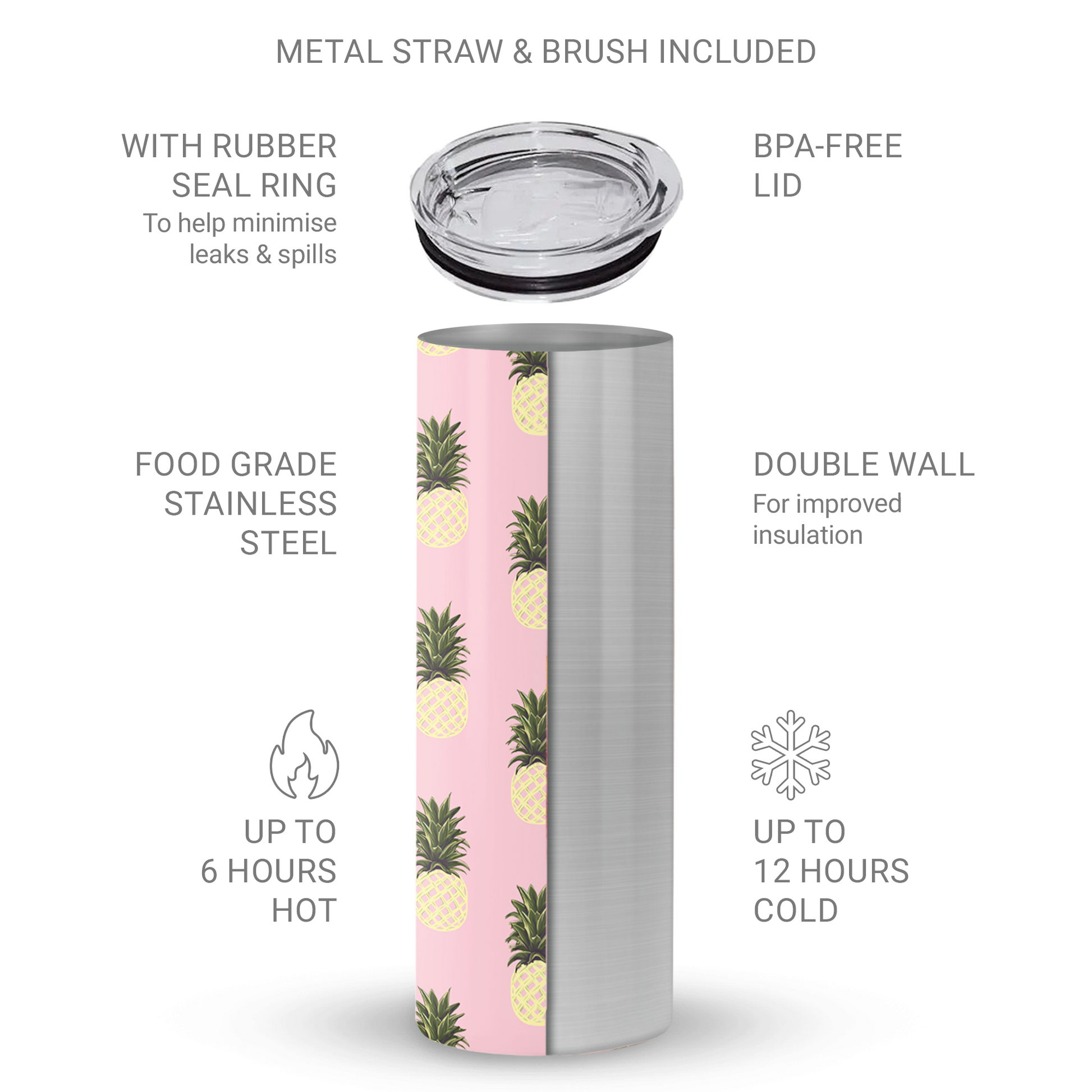 Pink pineapple tumbler with yellow fruit print on a 20oz stainless steel travel cup by Case & Charm.