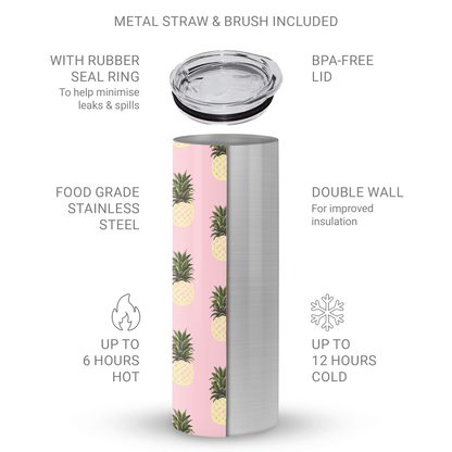 Pink pineapple tumbler with yellow fruit print on a 20oz stainless steel travel cup by Case & Charm.