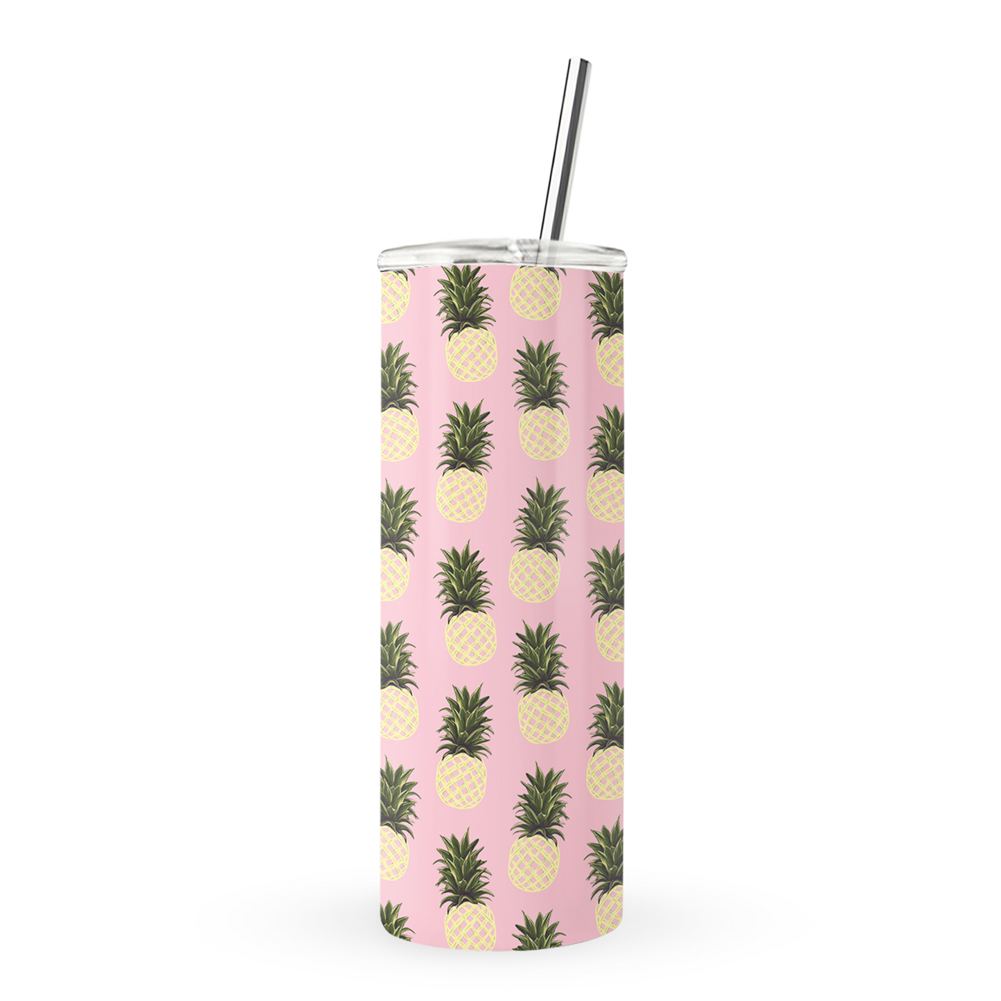 Pink pineapple tumbler with yellow fruit print on a 20oz stainless steel travel cup by Case & Charm.