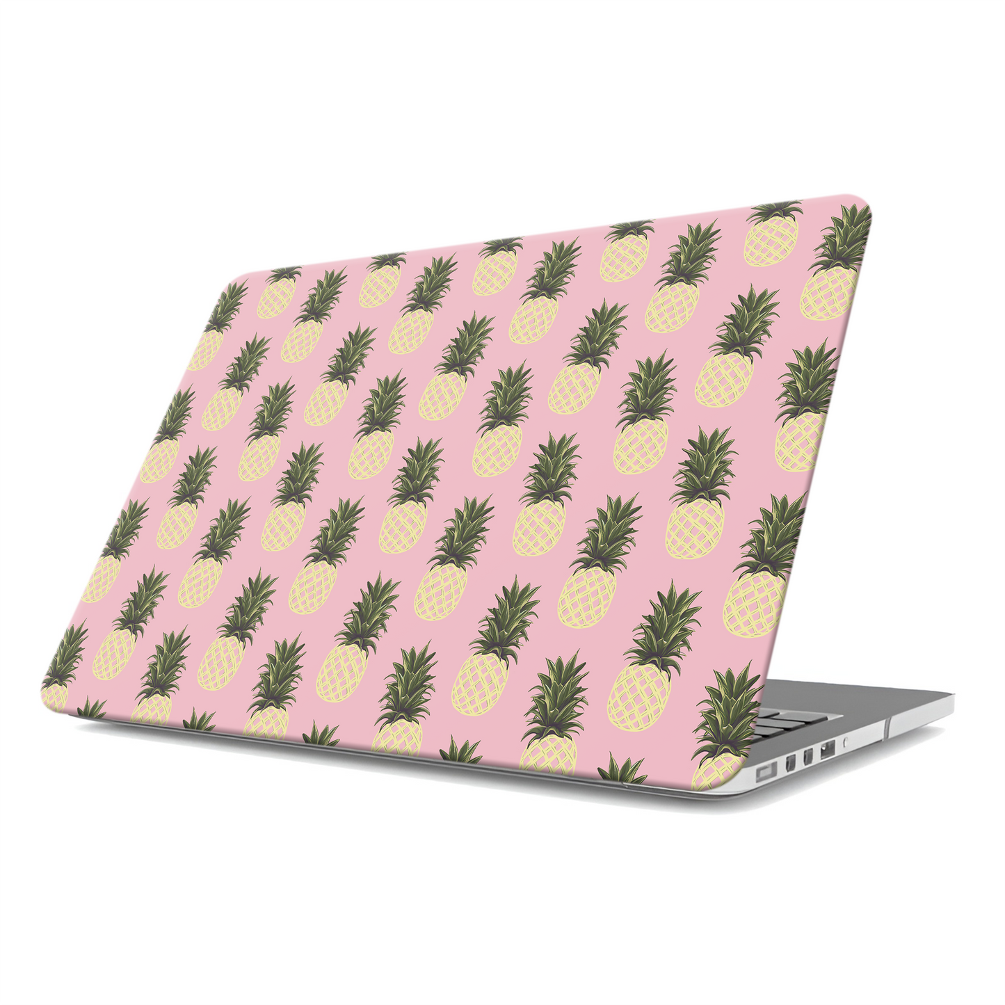 Pink pineapple MacBook case with yellow pineapple fruit print on a slim hard shell Apple MacBook cover by Case & Charm.