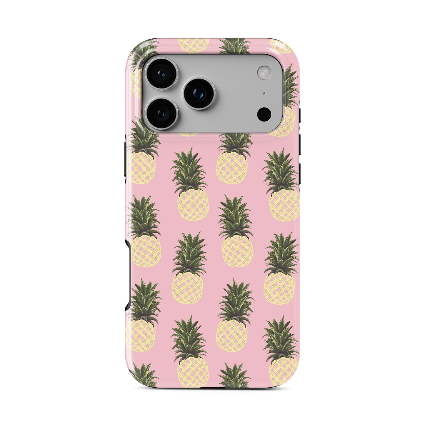 Pineapple MagSafe phone case featuring yellow pineapple illustrations on a soft pink background with a playful tropical summer style.