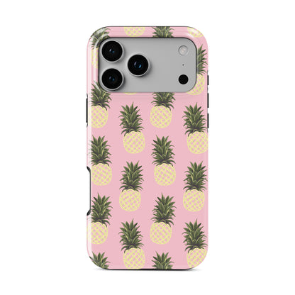 Pineapple MagSafe phone case featuring yellow pineapple illustrations on a soft pink background with a playful tropical summer style.