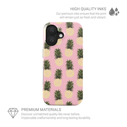 Pineapple MagSafe phone case featuring yellow pineapple illustrations on a soft pink background with a playful tropical summer style.