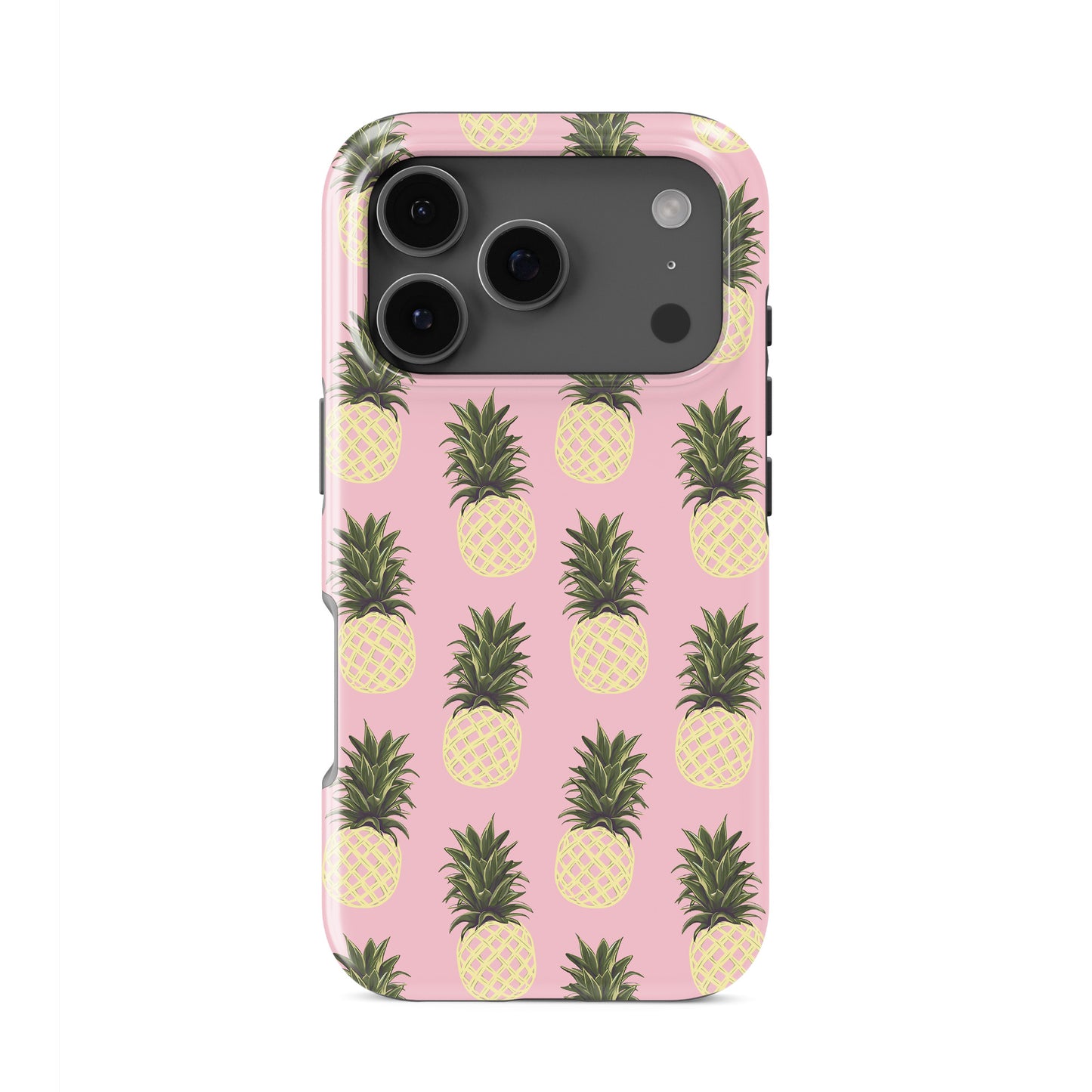 Pineapple tough phone case featuring yellow pineapple illustrations on a soft pink background with a fun tropical summer style.