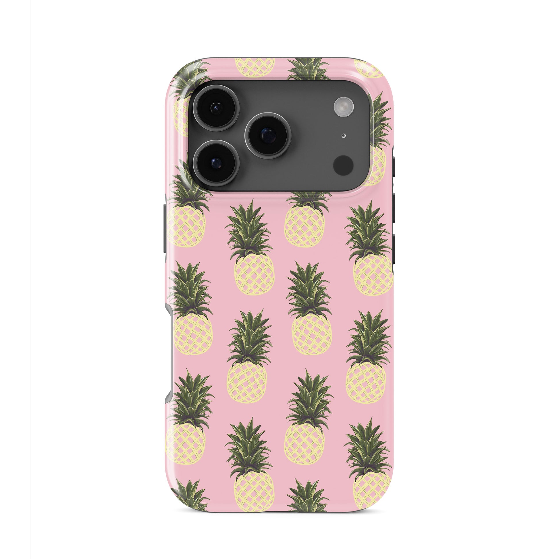 Pineapple tough phone case featuring yellow pineapple illustrations on a soft pink background with a fun tropical summer style.