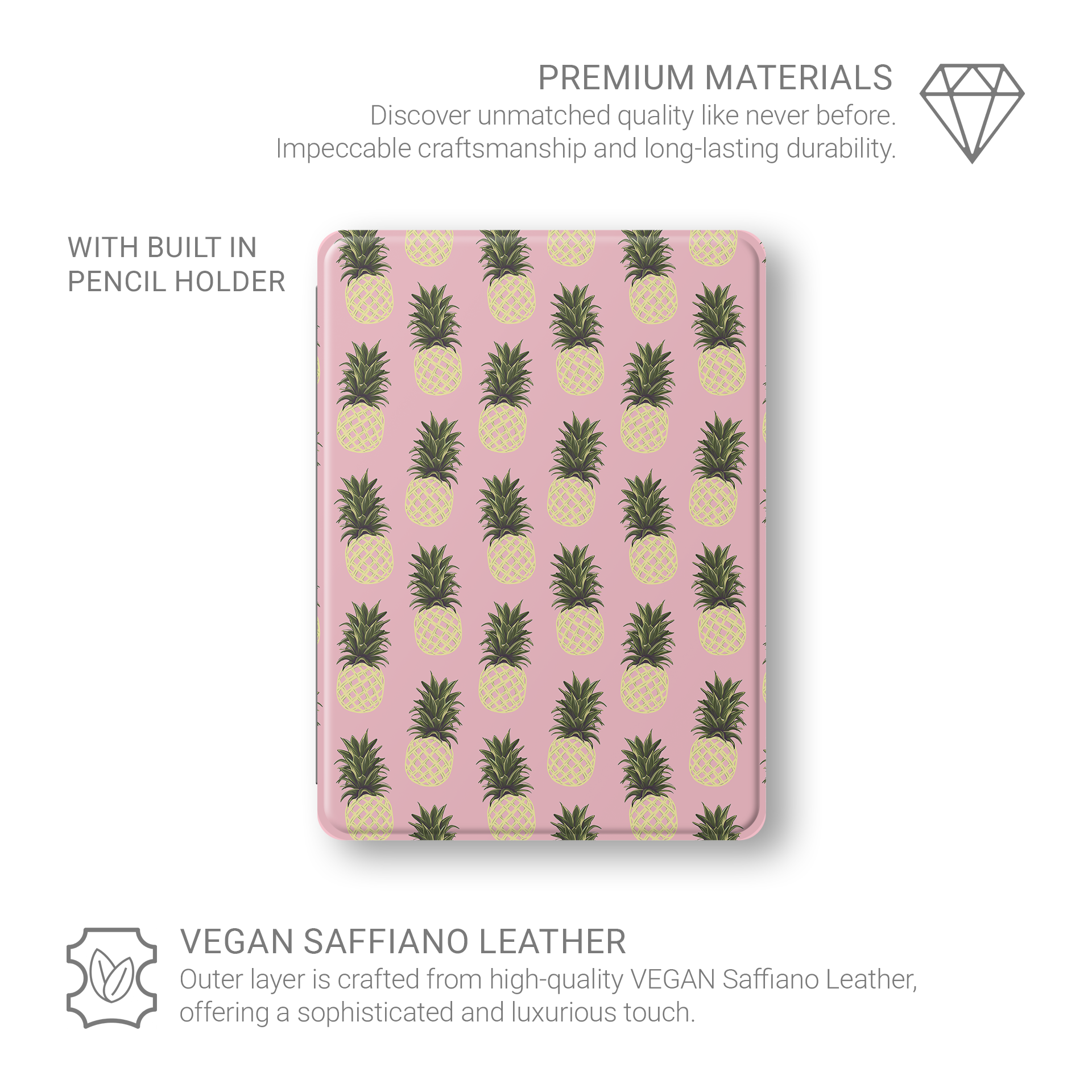 Pink pineapple iPad case with yellow pineapple fruit print on a vegan leather Apple iPad folio case by Case & Charm.