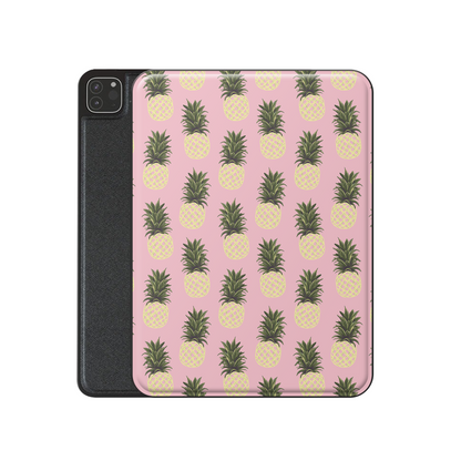Pink pineapple iPad case with yellow pineapple fruit print on a vegan leather Apple iPad folio case by Case & Charm.
