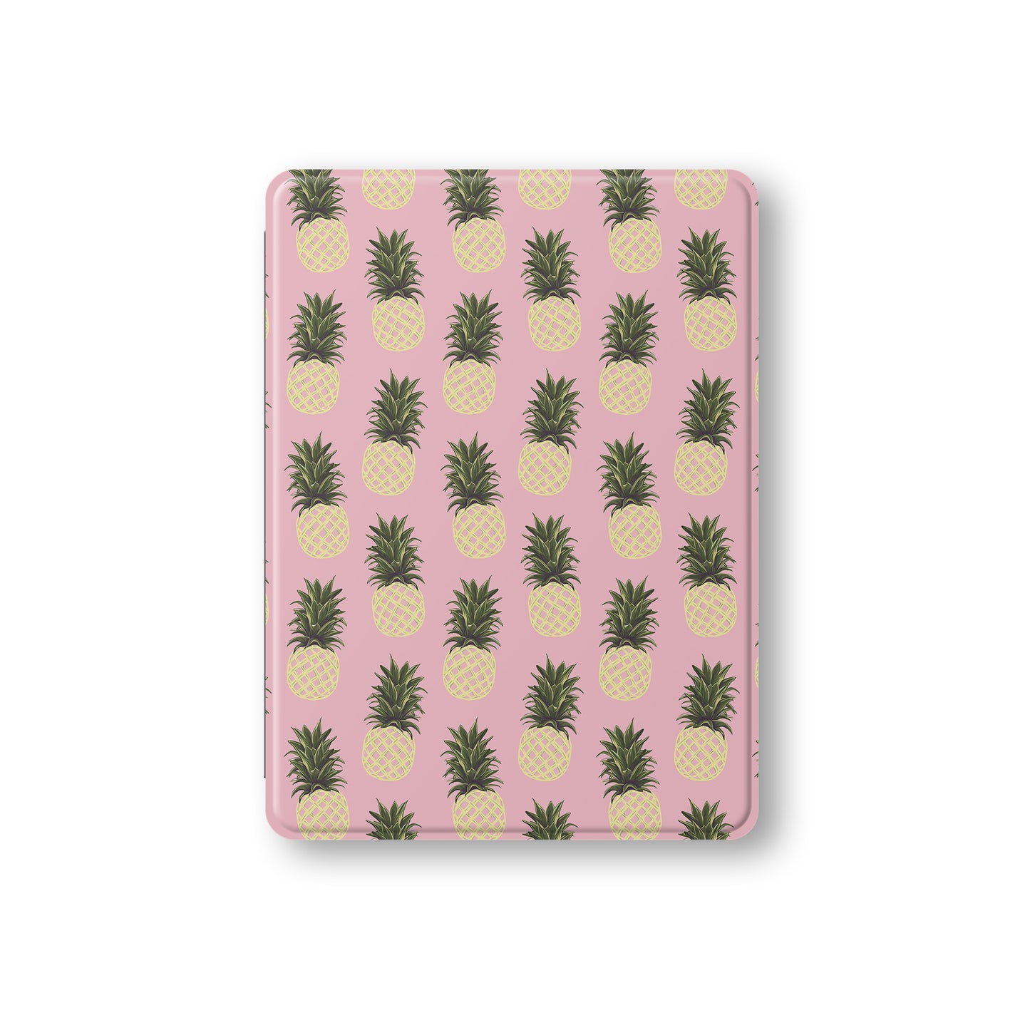 Pink pineapple iPad case with yellow pineapple fruit print on a vegan leather Apple iPad folio case by Case & Charm.