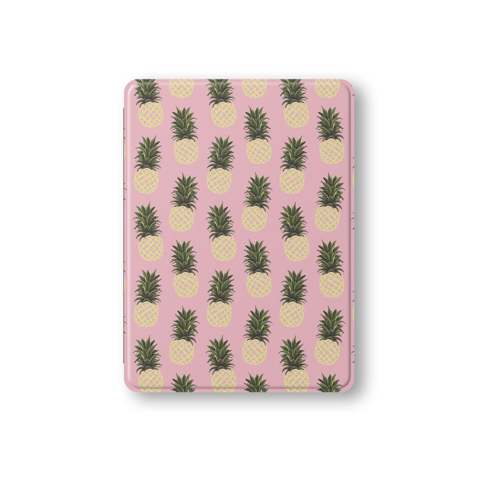 Pink pineapple iPad case with yellow pineapple fruit print on a vegan leather Apple iPad folio case by Case & Charm.