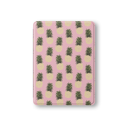 Pink pineapple iPad case with yellow pineapple fruit print on a vegan leather Apple iPad folio case by Case & Charm.