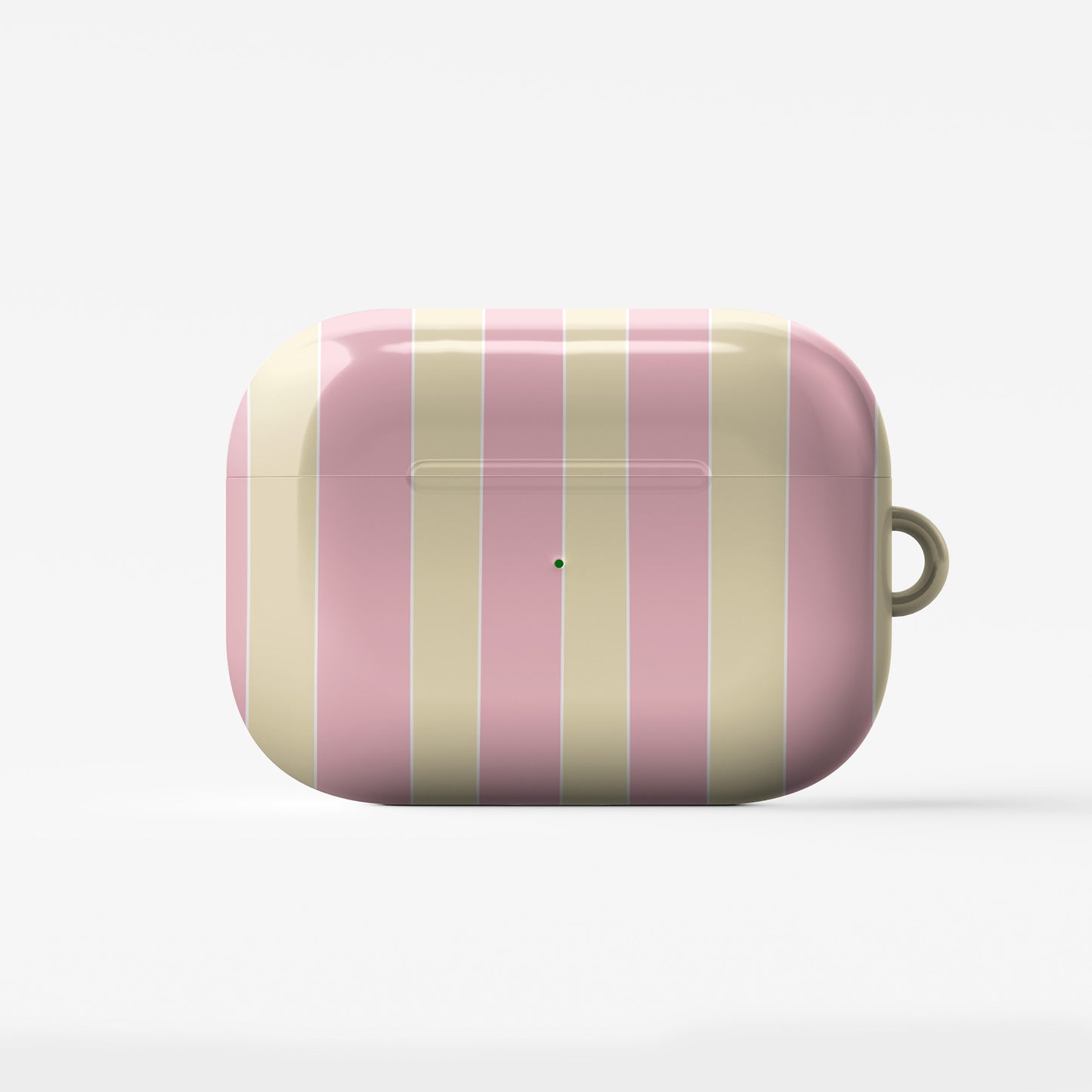 Pink striped AirPods case with pastel candy stripe print in blush pink and yellow on a glossy Apple AirPods case by Case & Charm.