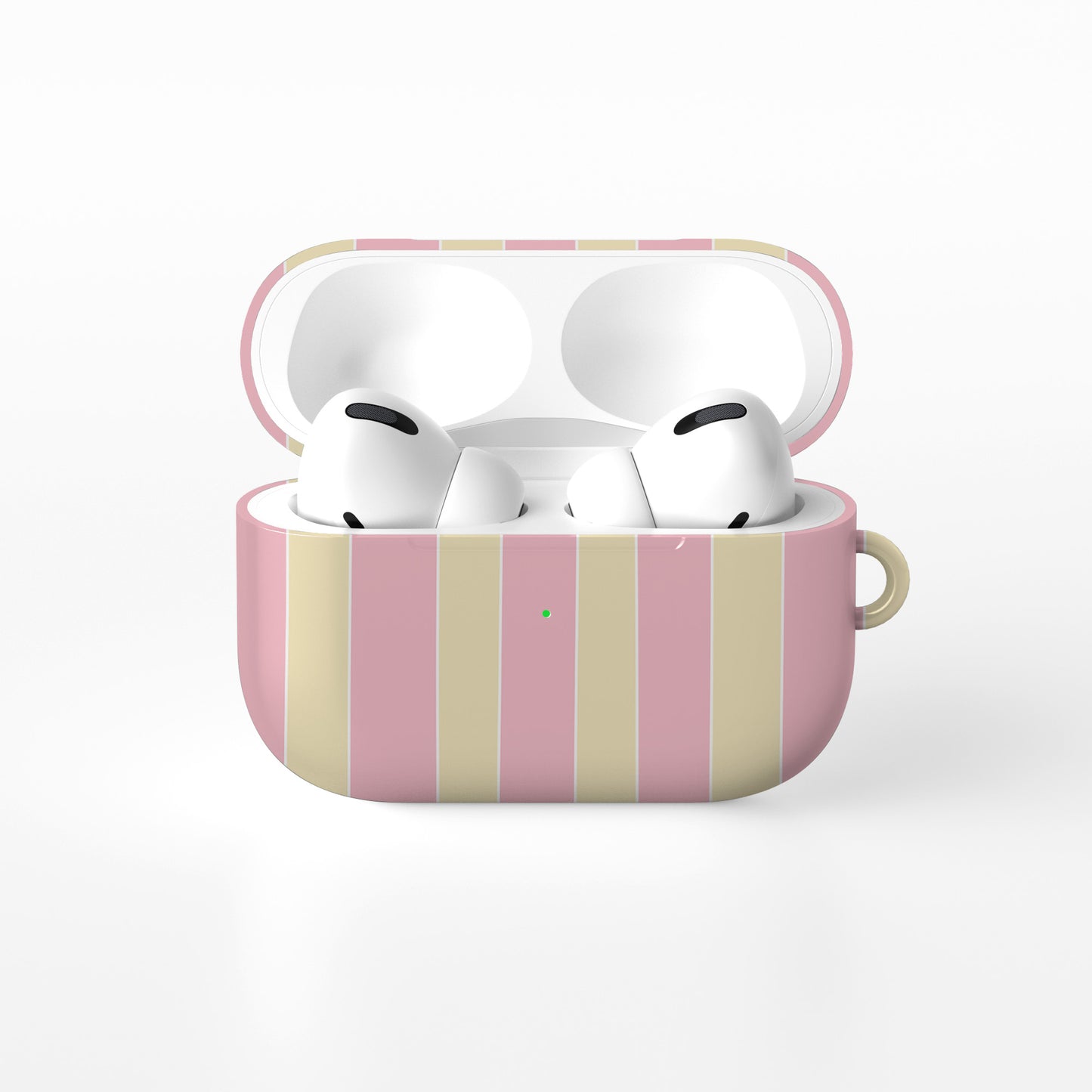 Pink striped AirPods case with pastel candy stripe print in blush pink and yellow on a glossy Apple AirPods case by Case & Charm.