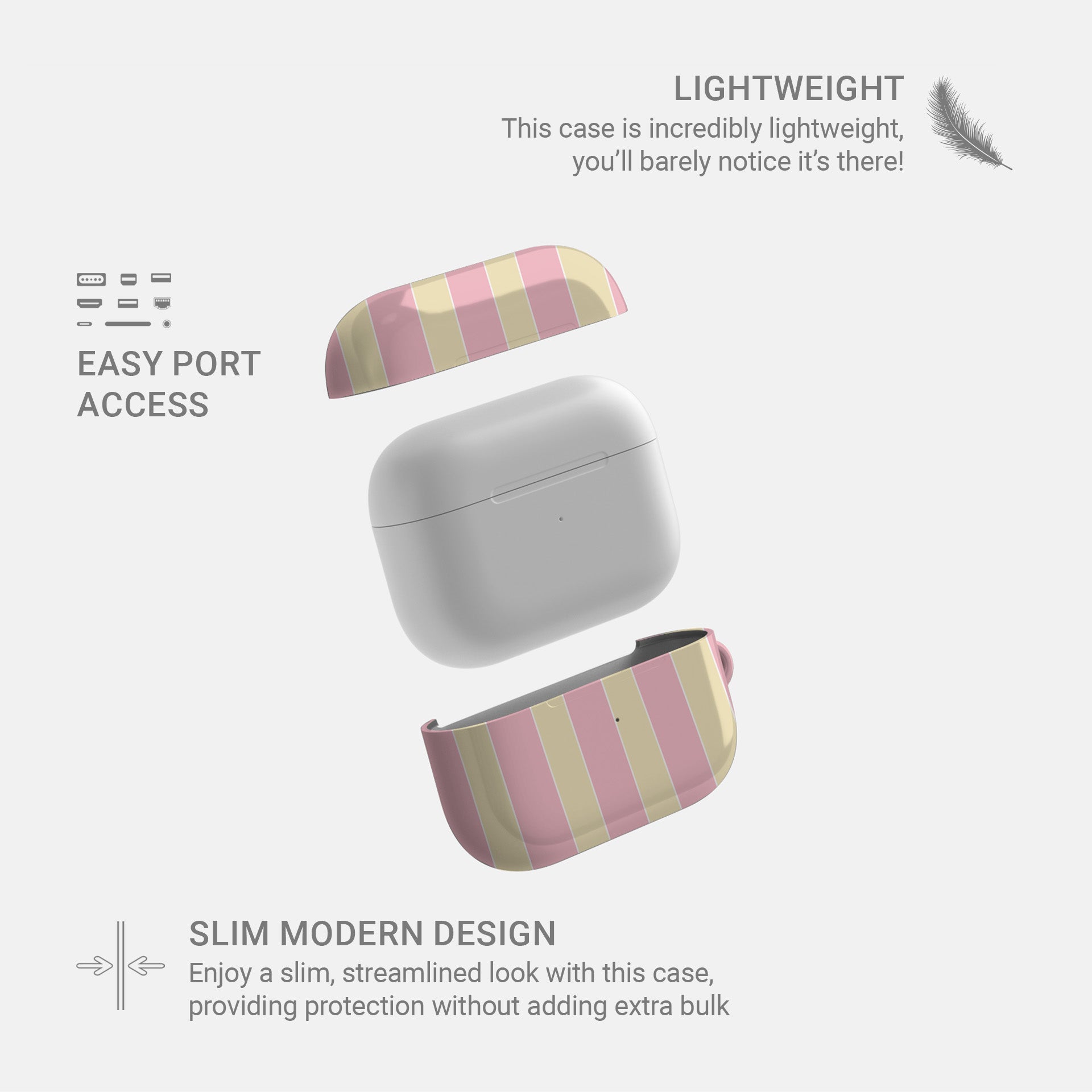Pink striped AirPods case with pastel candy stripe print in blush pink and yellow on a glossy Apple AirPods case by Case & Charm.