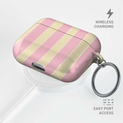 Pink striped AirPods case with pastel candy stripe print in blush pink and yellow on a glossy Apple AirPods case by Case & Charm.
