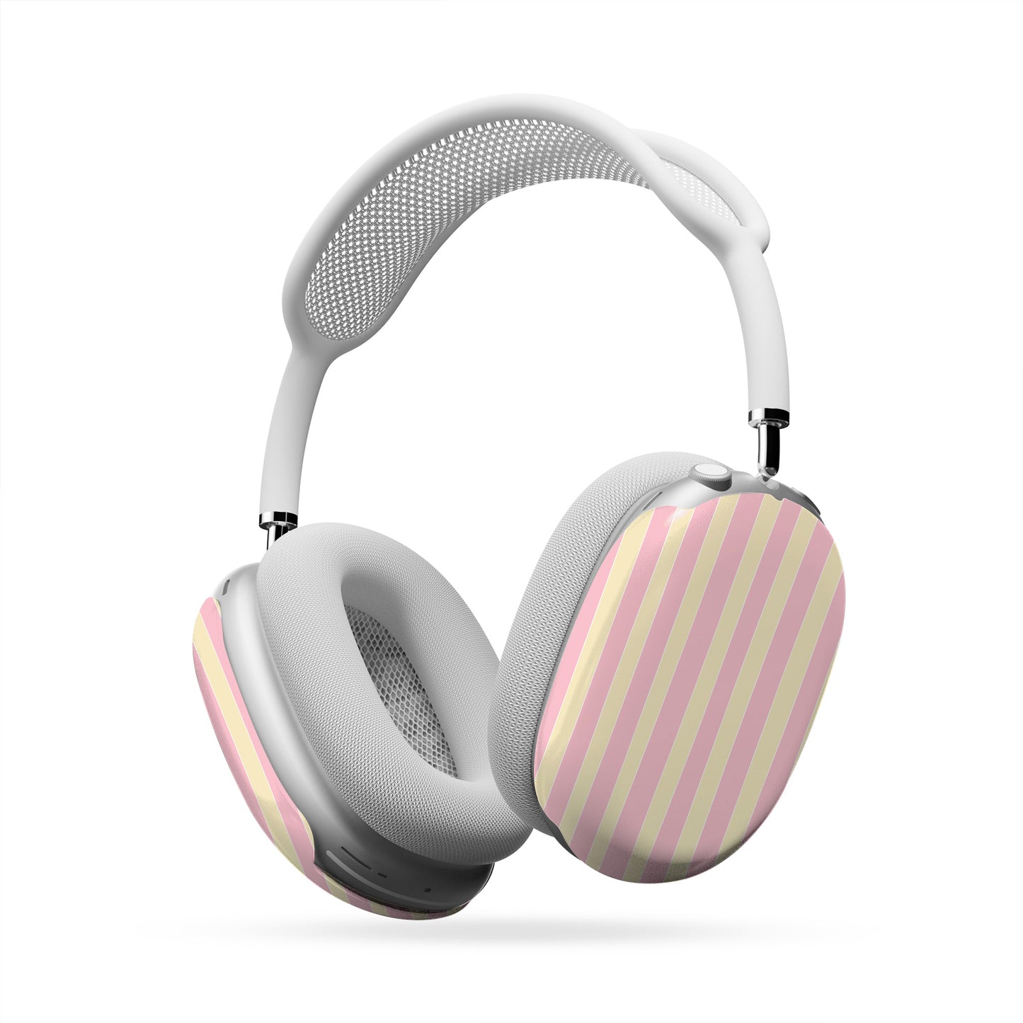 Pink and yellow striped AirPods Max case with pastel candy stripe print on glossy headphone ear cup covers by Case & Charm.