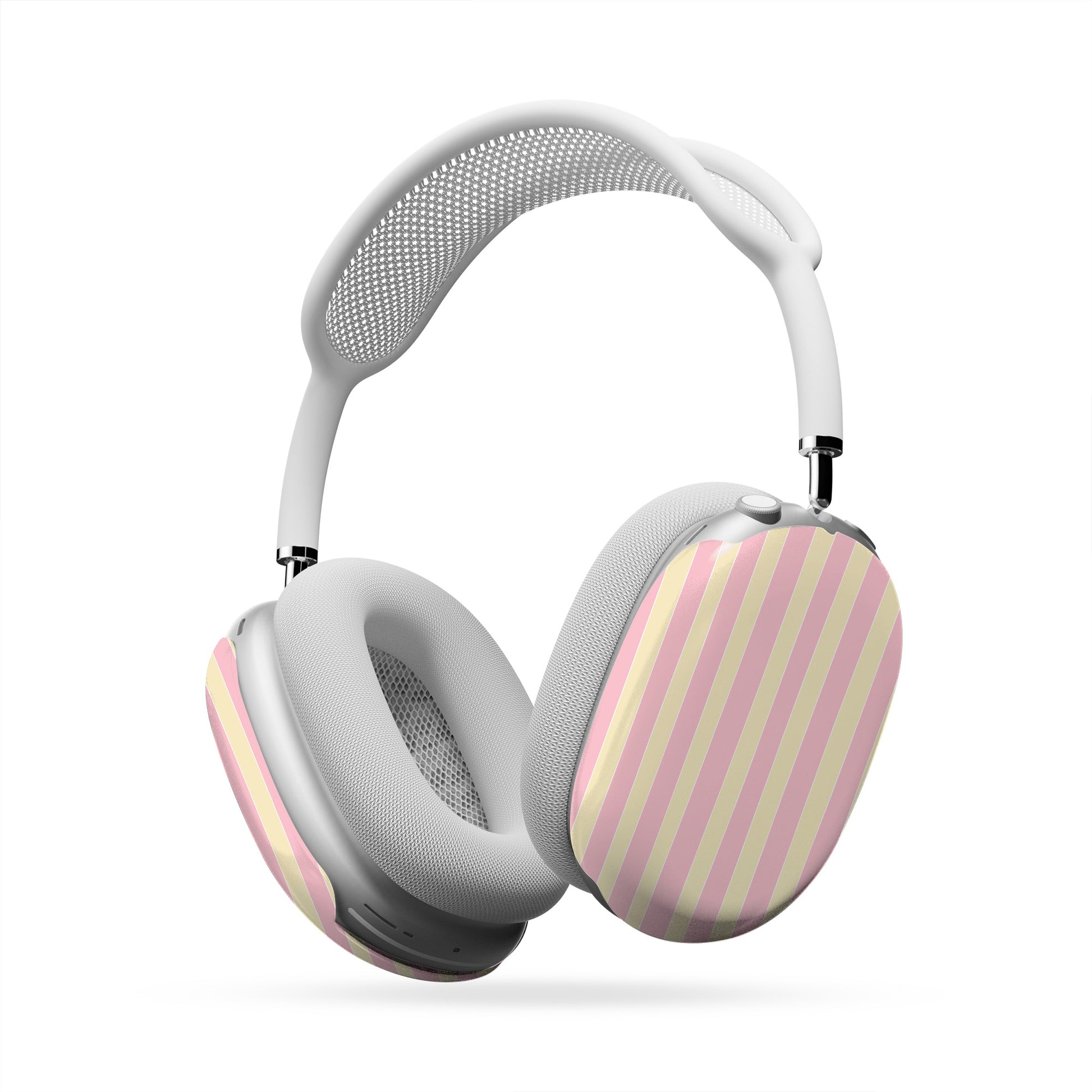Pink and yellow striped AirPods Max case with pastel candy stripe print on glossy headphone ear cup covers by Case & Charm.